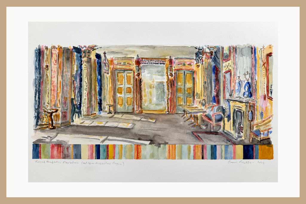 Colorful interior design watercolour with furniture and decor elements.