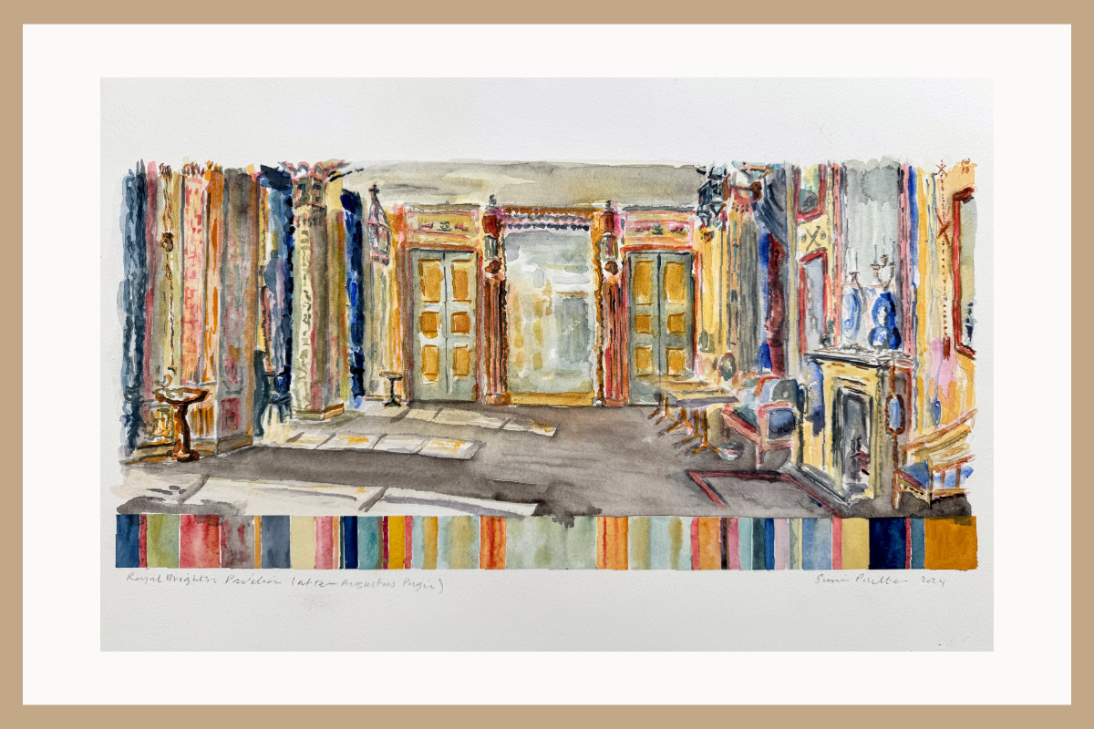 Colorful interior design watercolour with furniture and decor elements.