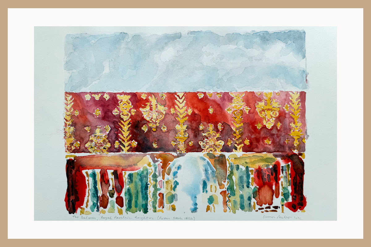 Colourful abstract watercolour painting with red, gold, and blue tones on a light blue background